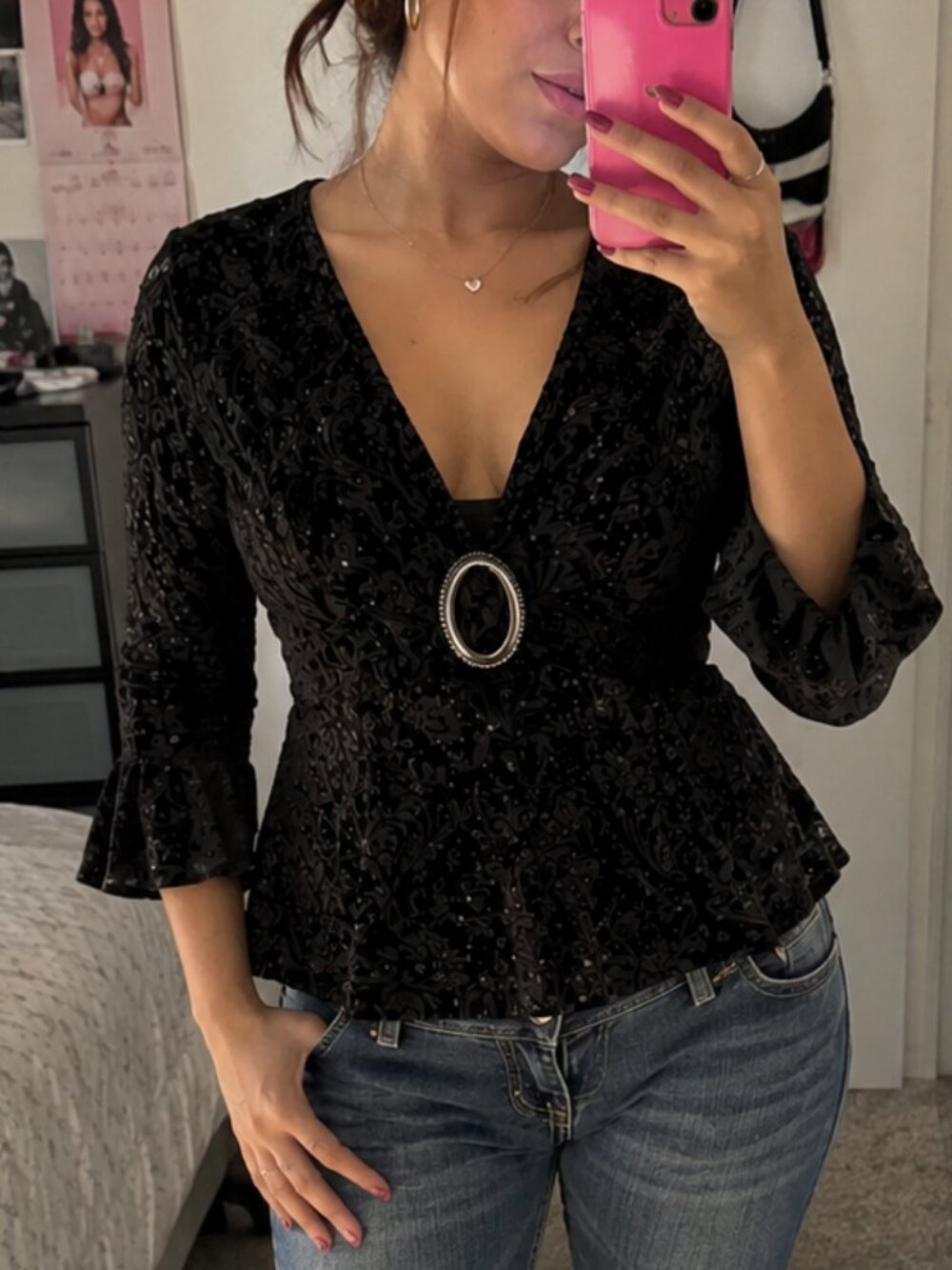 Vintage Y2K Clothing G by Notations Black Velvet Sequin Peplum Top Size Large